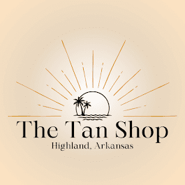 The Tan Shop logo, Highland, Arkansas sunrise design.