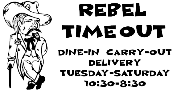 Rebel Time Out, dining options, hours, logo.